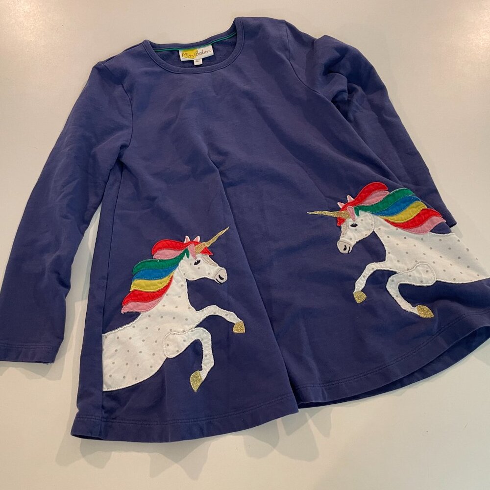 Mini Boden Unicorn Applique Dress Girls 7-8 Long Sleeve Navy